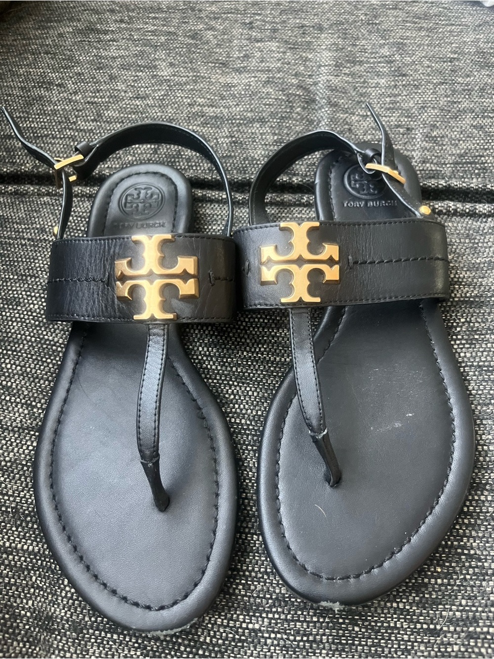 Tory Burch Black Leather Sandals with Gold Logo Accent